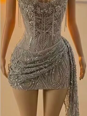 Silver Beaded Embellished Mini Dress